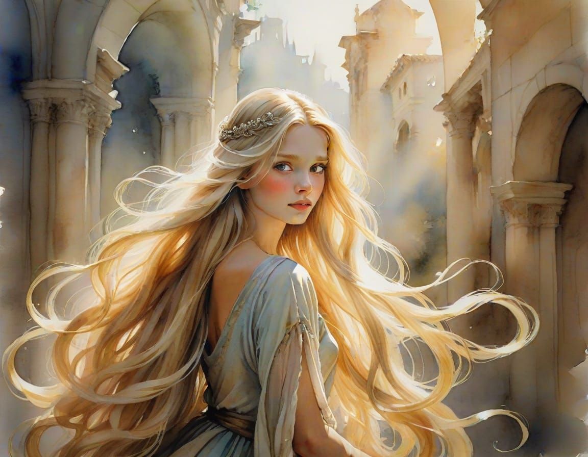 Ethereal Princess with Blonde Hair in Watercolor Style