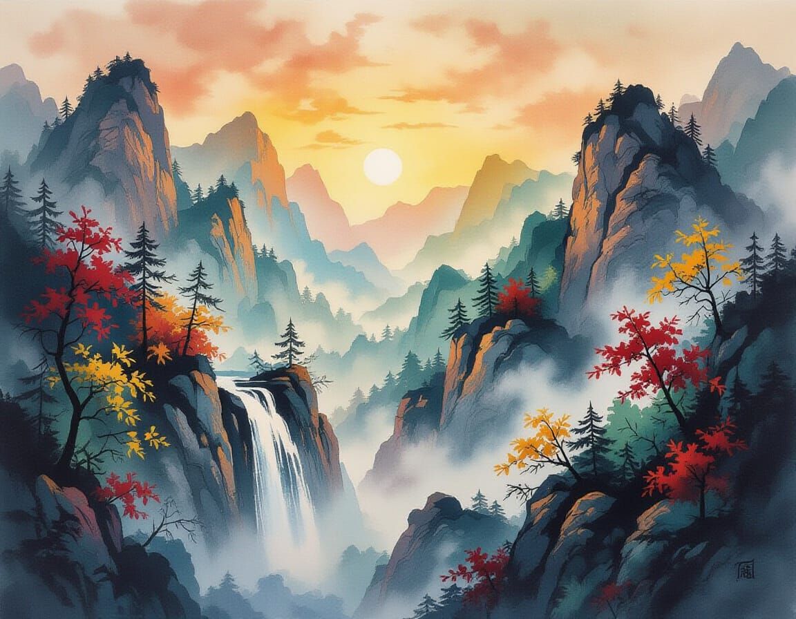 Chinese Ink Waterfall Landscape at Sunrise