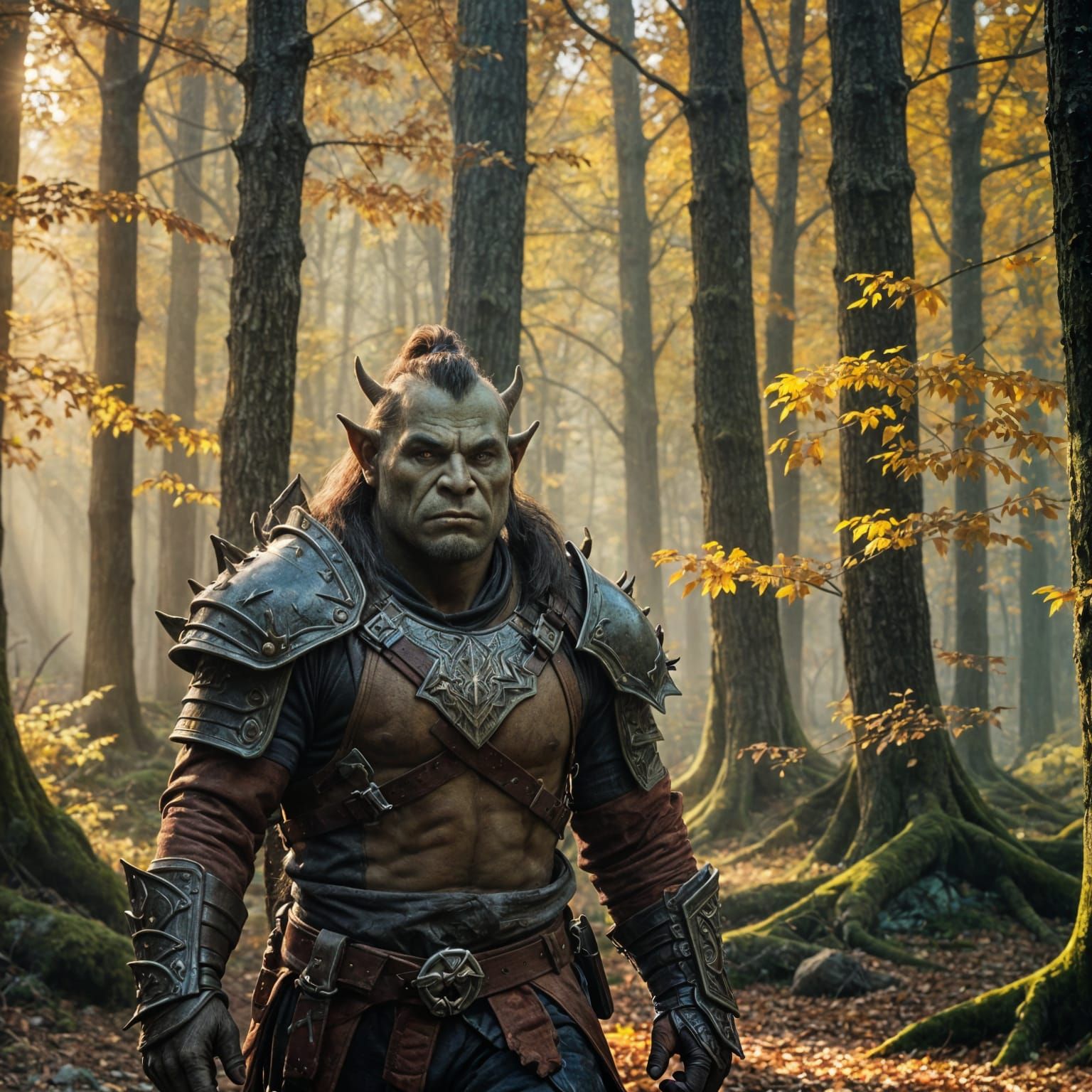 Epic Orc in Autumn Forest, Hyperdetailed Concept Art