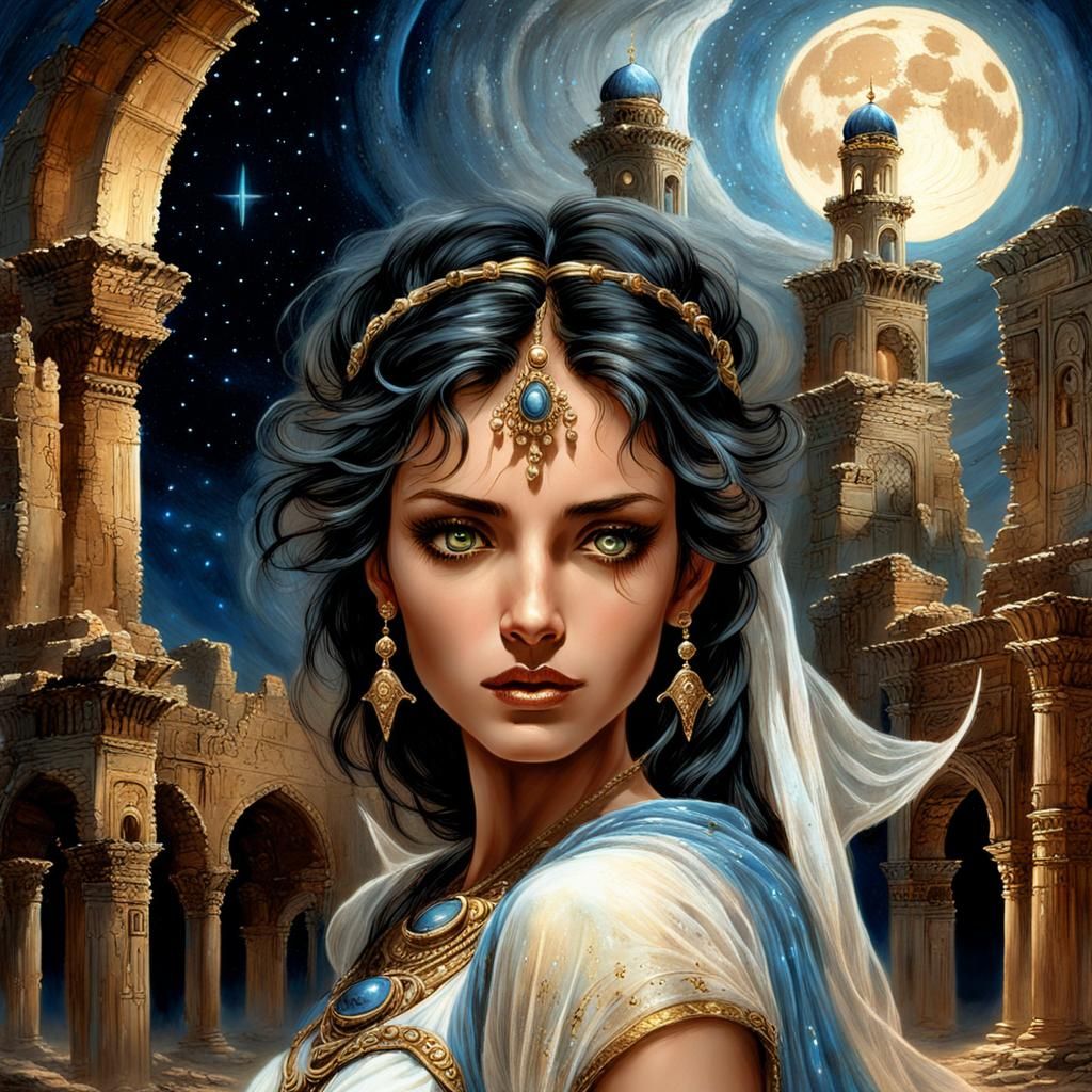 Scheherazade Among Ancient Ruins in Pastel Art Style
