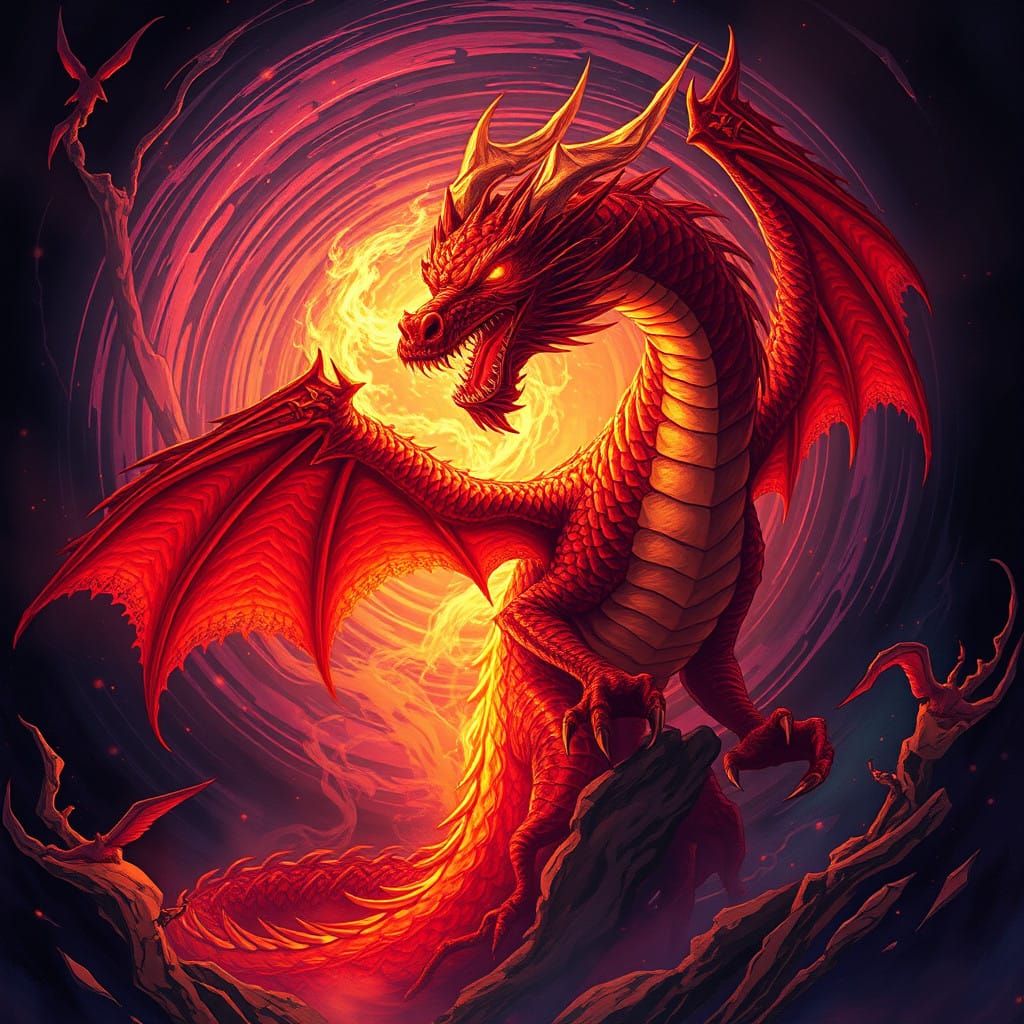 Mystical Red Dragon Emerging from Astral Portal