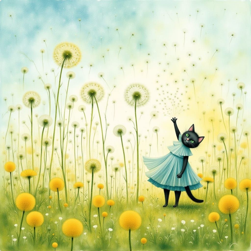 Cat Plays in Dandelion Field, Seeds Flying