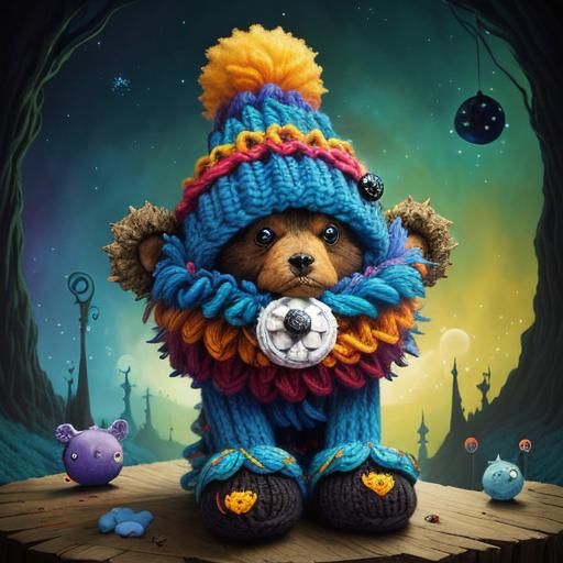 Chibi Teddy Bear with Colorful Hat in Whimsical Style