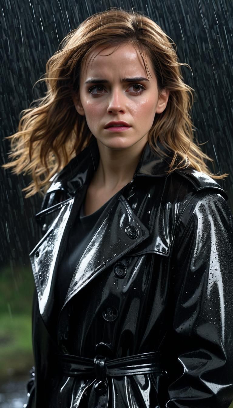 Sad Hermione Granger in Shiny Trench Coat, 8K
