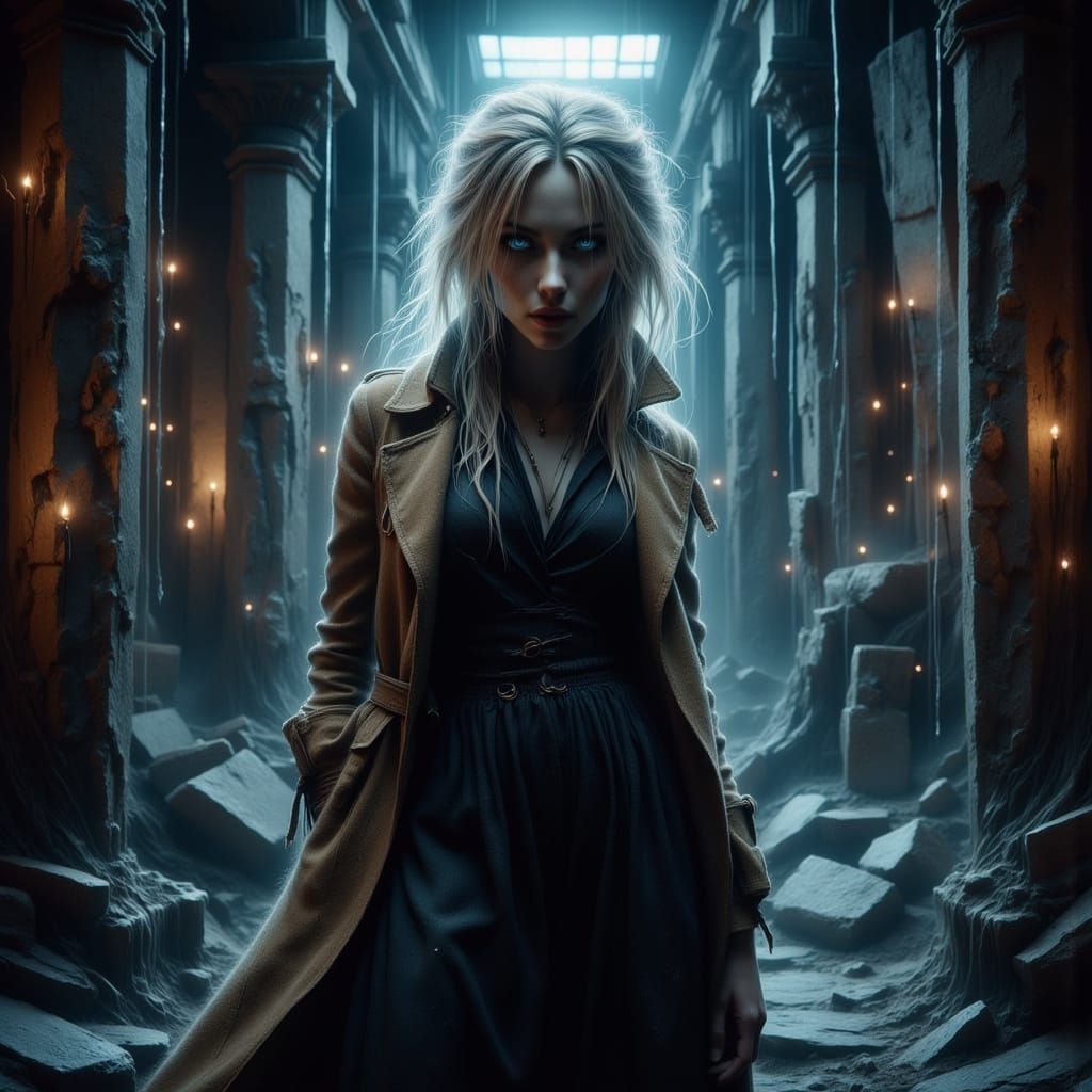 Woman in Temple: Moody Lighting, Digital Art