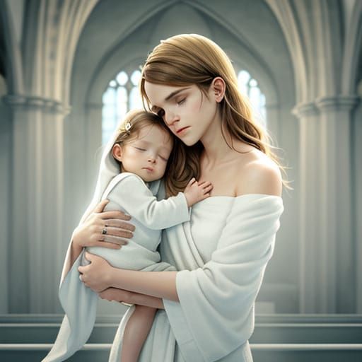 Mother and Newborn Baptism in Gentle Watercolor Style