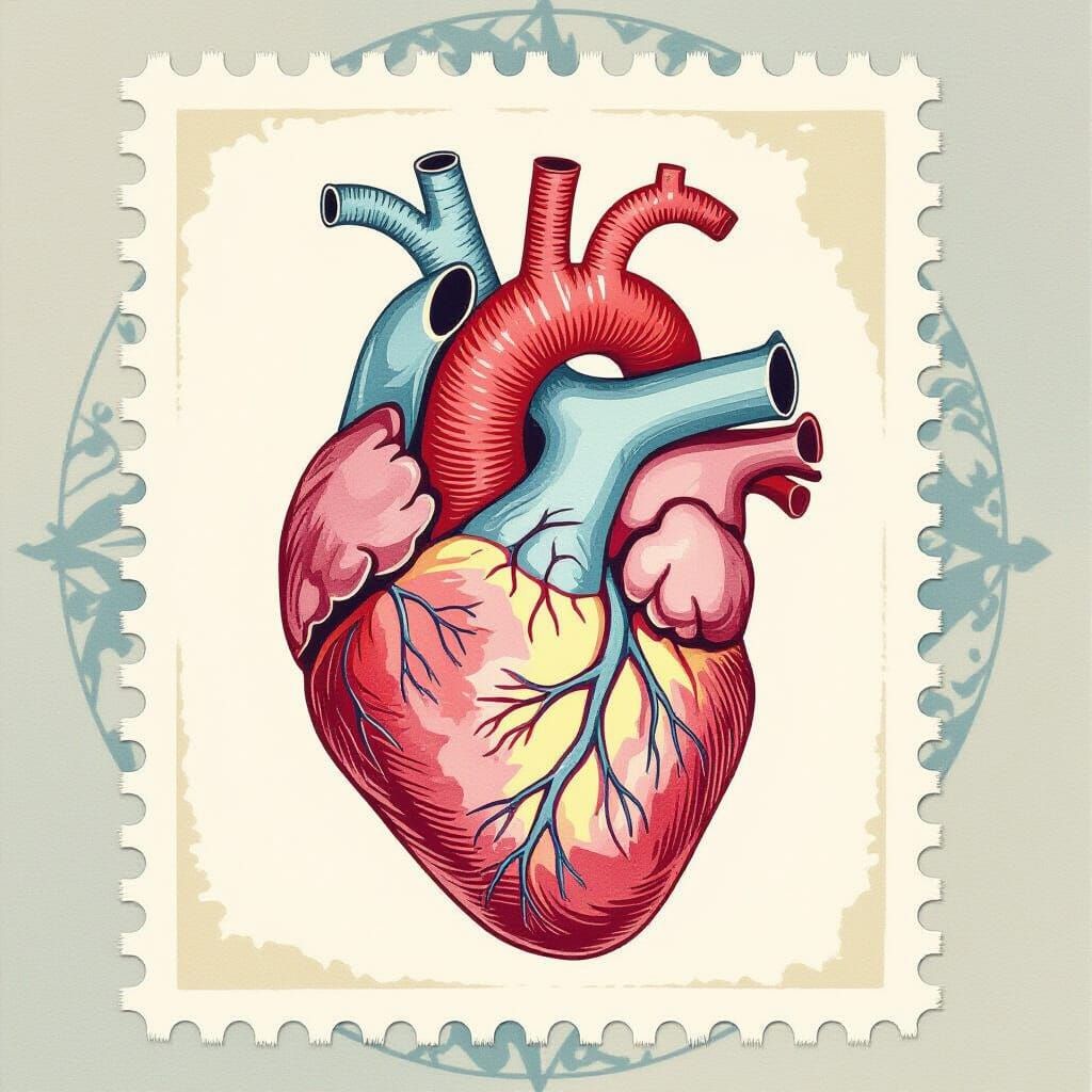 Vintage Stamp: Watercolor Human Heart Anatomy
