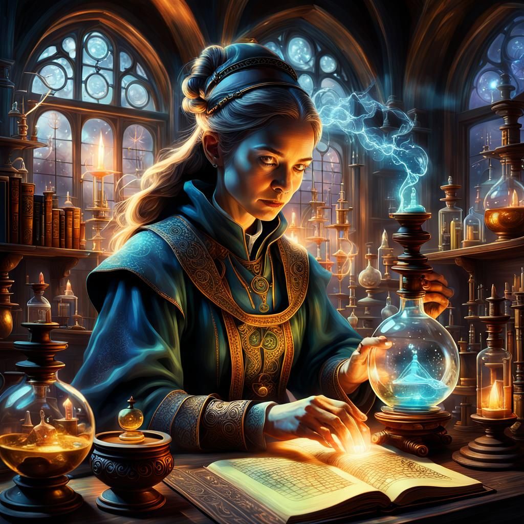 Mystical Alchemist in Laboratory: Digital Art Masterpiece