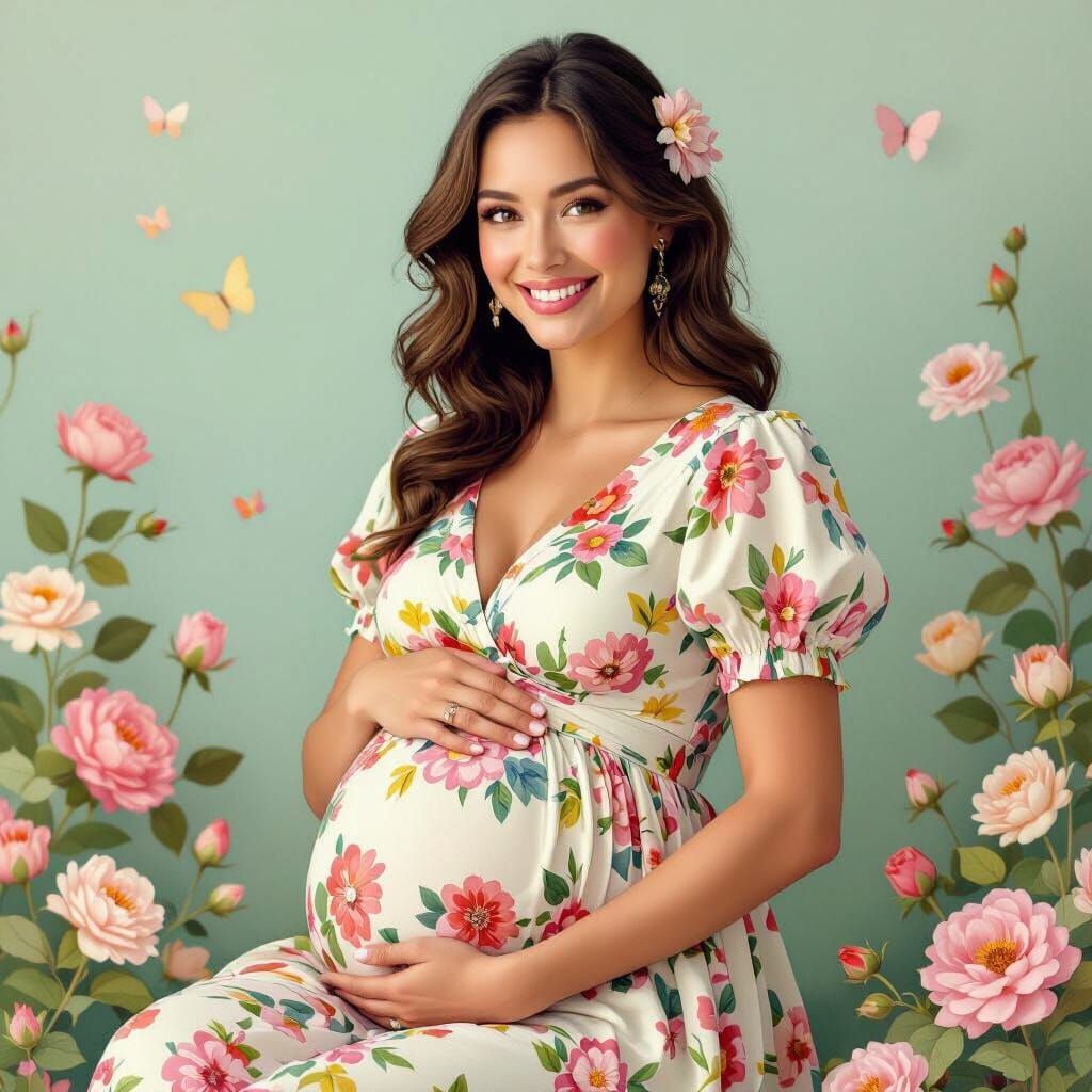 Smiling Pregnant Woman in Whimsical Illustration Style