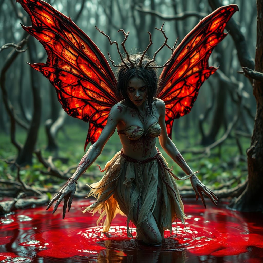 Hyperrealistic Zombie Fairy in Dark Fantasy Setting