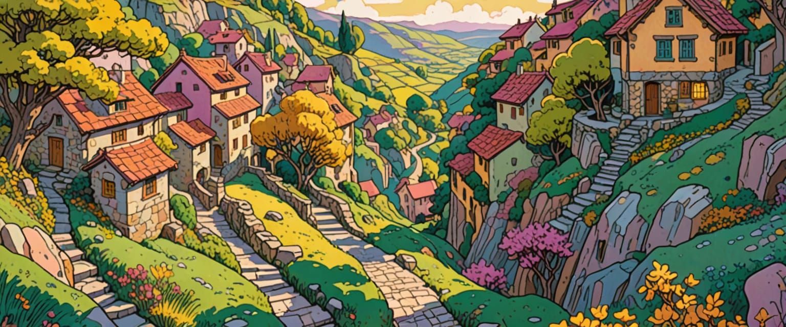Village with Meandering Paths in Comic Book Style
