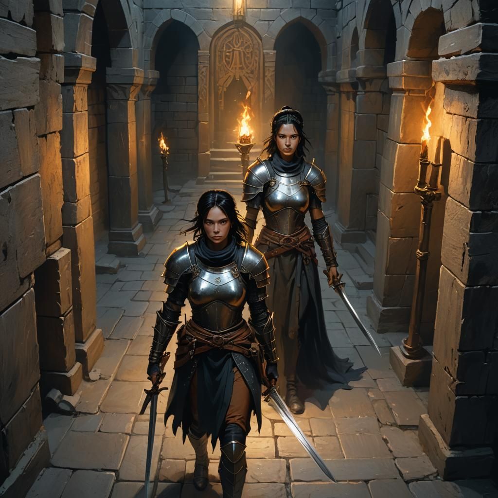 Female Knight in Tomb Corridor: Dark Fantasy Art