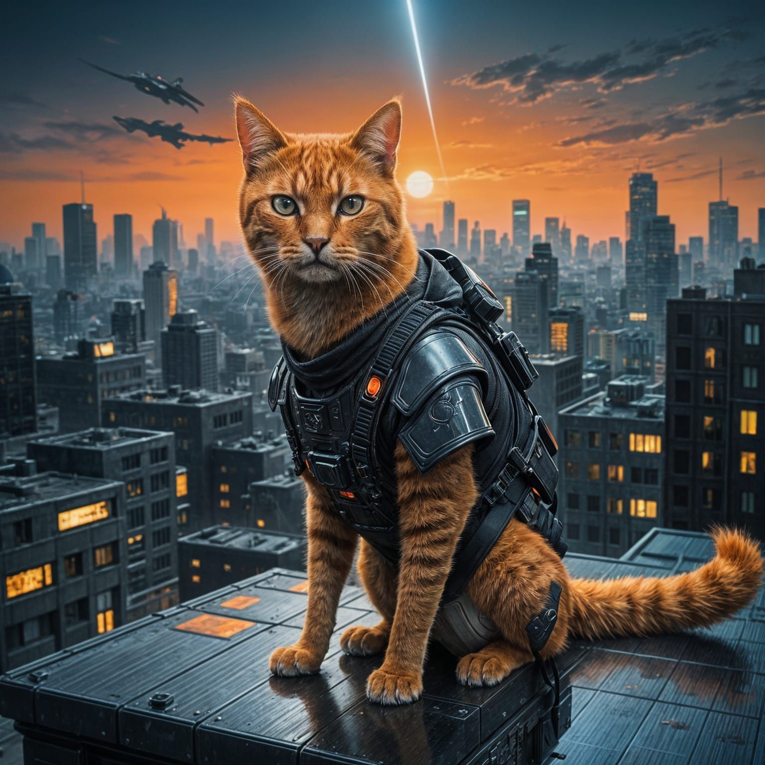 Realistic Orange Cat Sneaks Through Neon City Streets in Hyp...