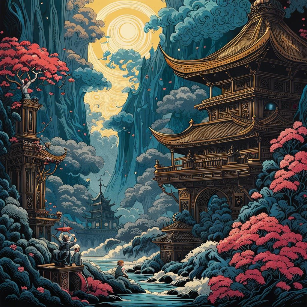 Magic Sea Cherry Blossom Trees in Cartoon Art