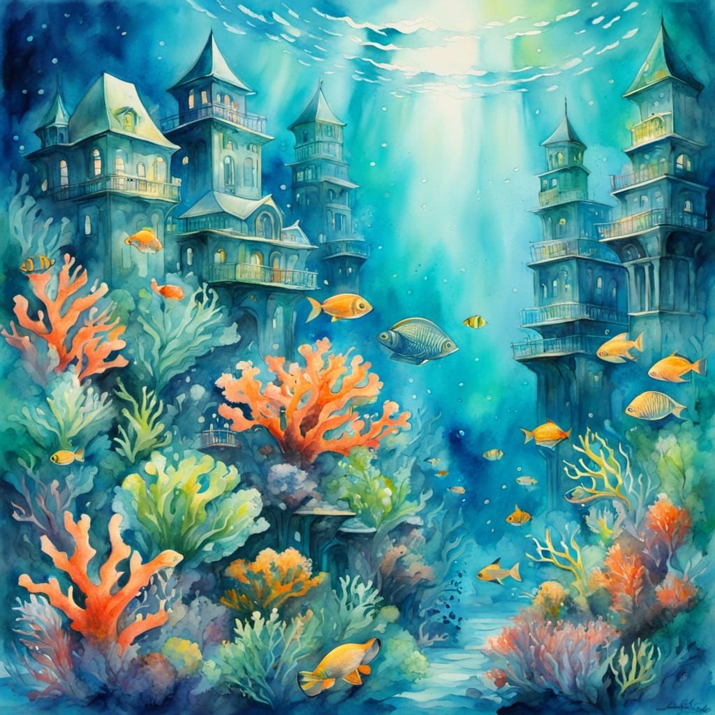 Underwater Metropolis in Watercolor Style