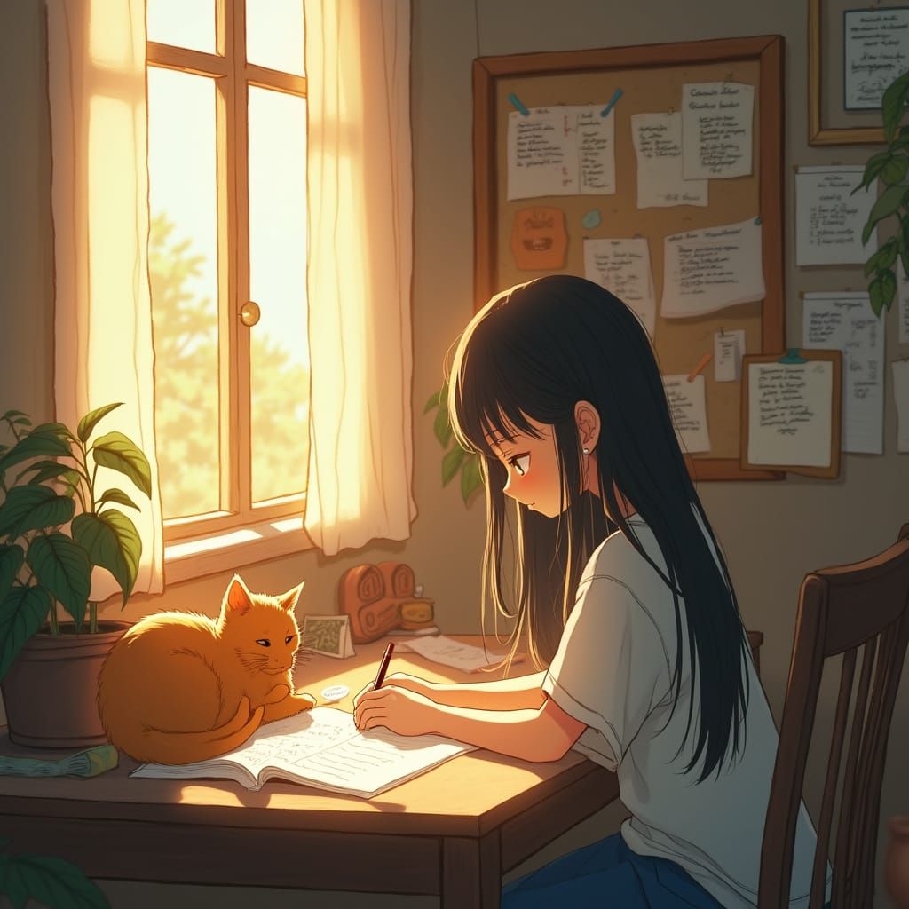 Girl Writing by Warm Light, Miyazaki Aesthetic