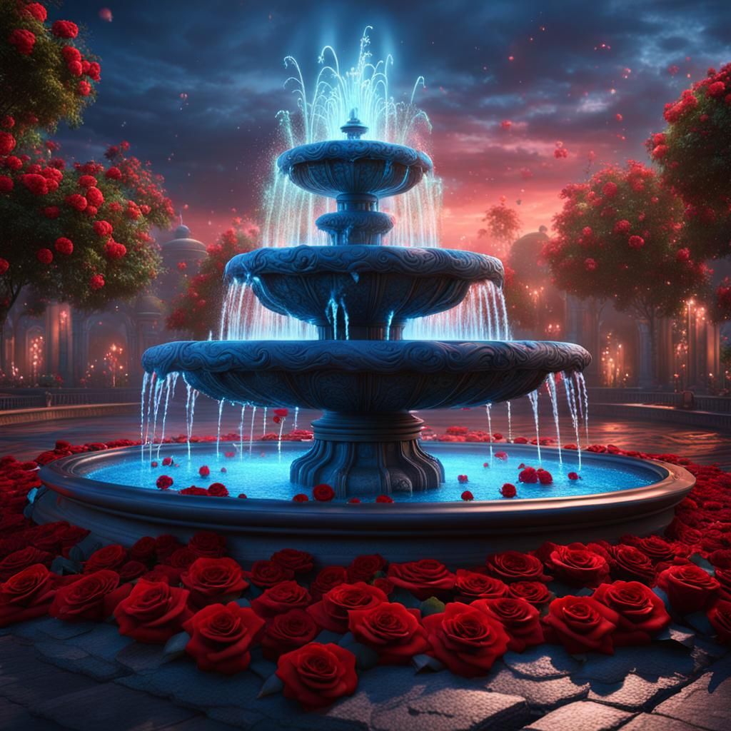 Bioluminescent Fountain Surrounded by Red Roses in 3D