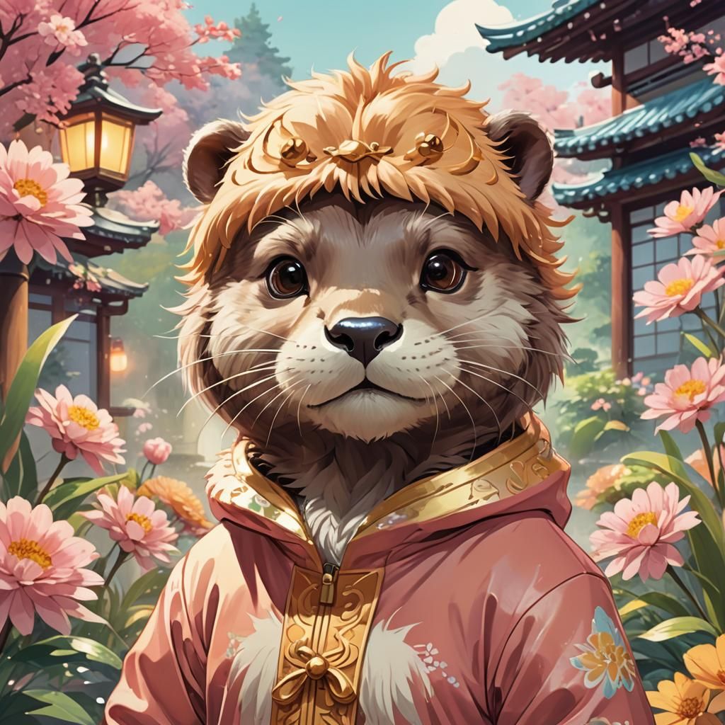 Anime Otter in Lion Costume: Vibrant Digital Art