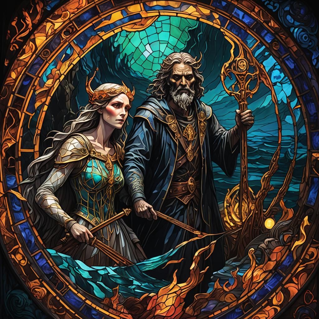 Eurydike and Charon passing Styx in Hades