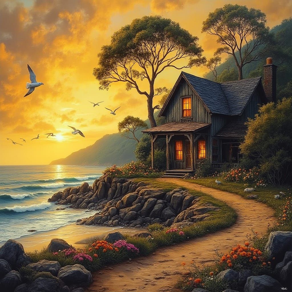 Coastal Autumn Oasis in Hyper-Realistic Style
