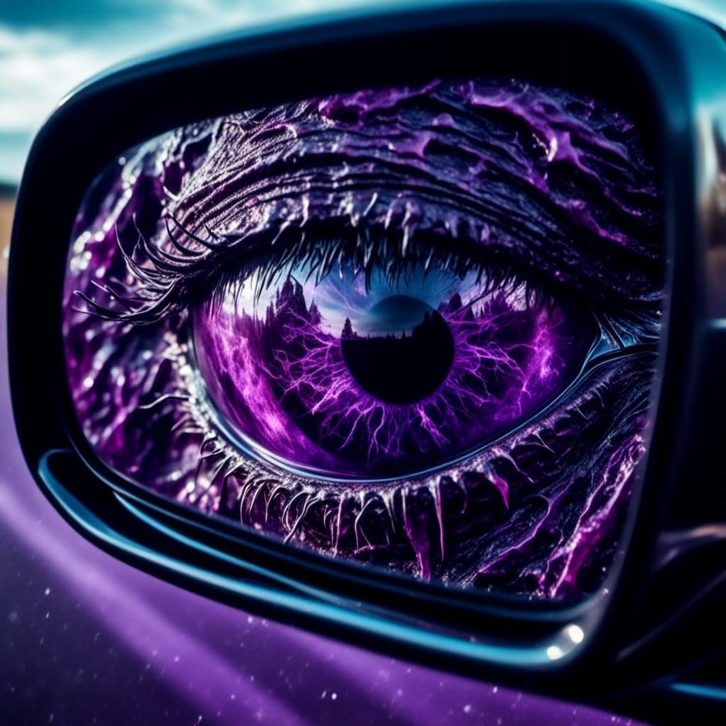 Ethereal Purple Eyes Reflected in Car Mirror
