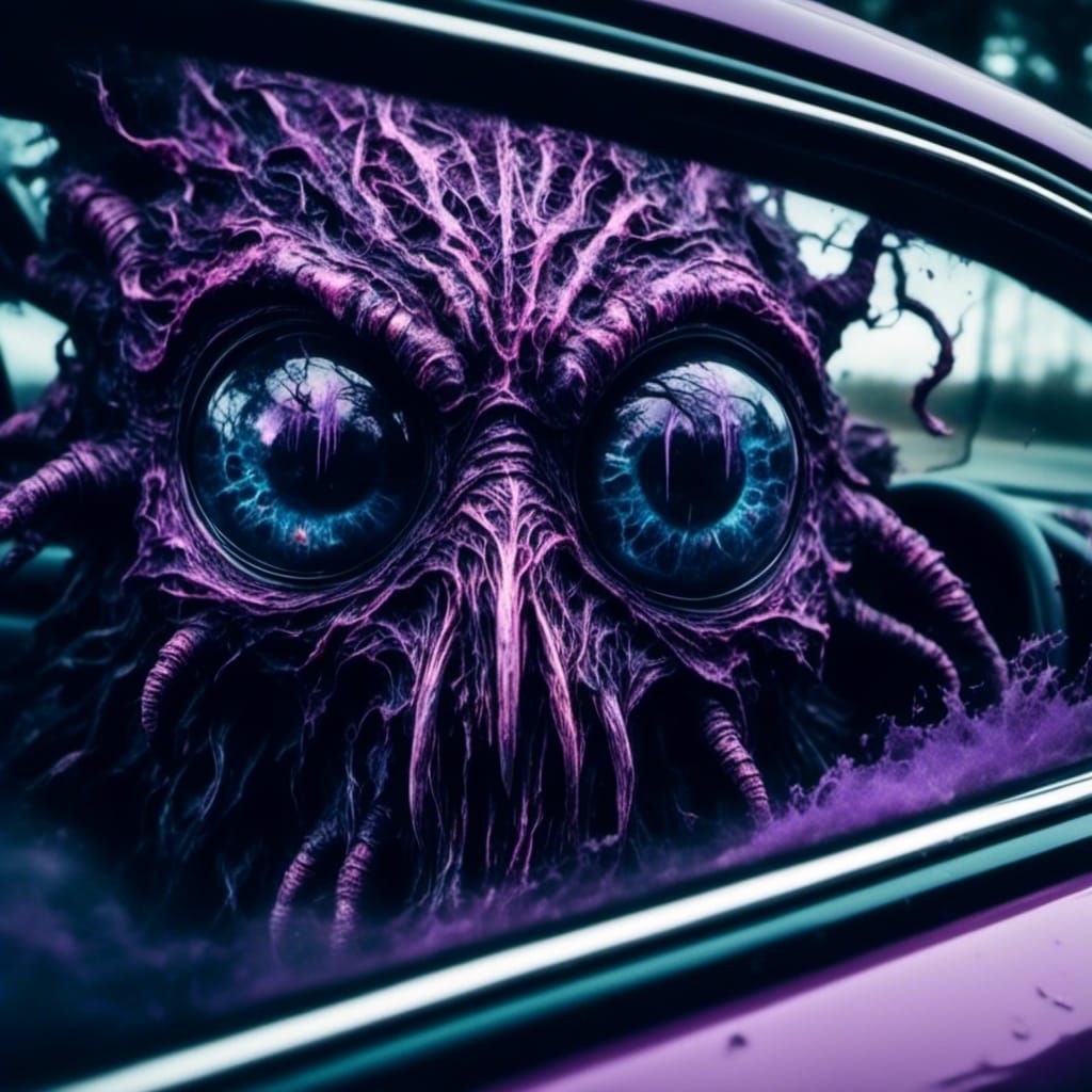 Ethereal Purple Eyes Reflected in Car Mirror