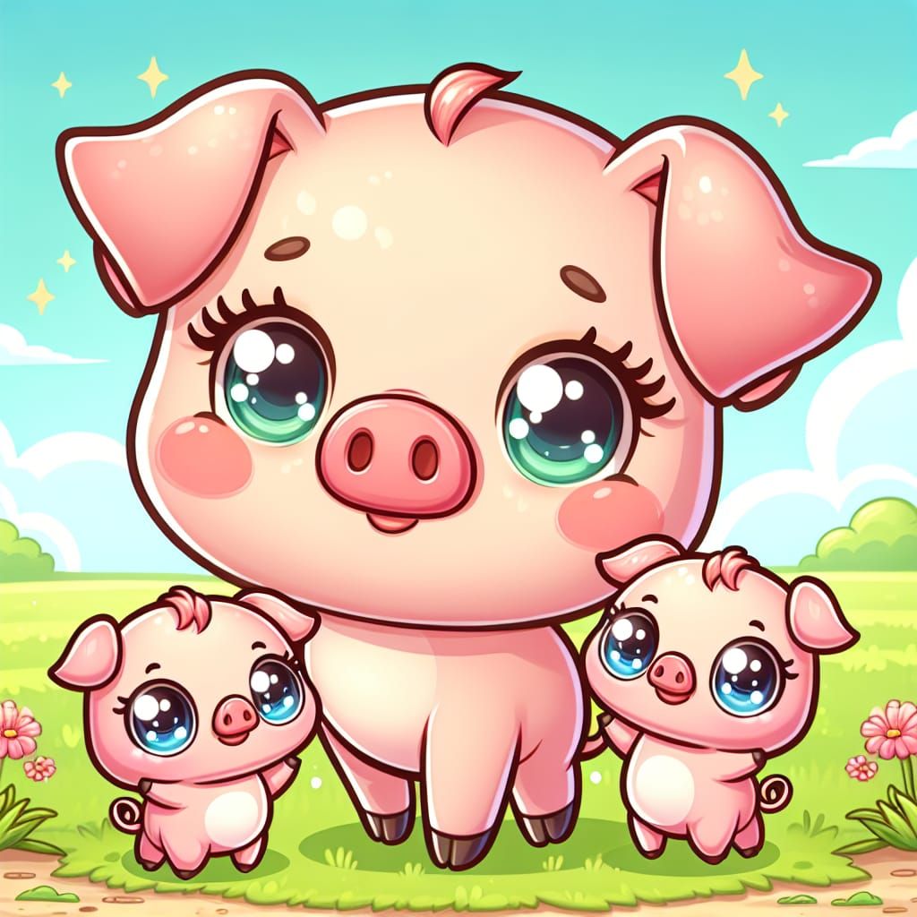 Adorable Chibi Mama Pig with Baby Piglets