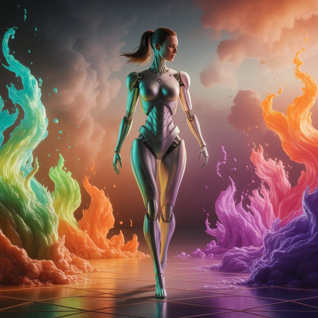 Bionic Woman in a Kaleidoscope of Flames