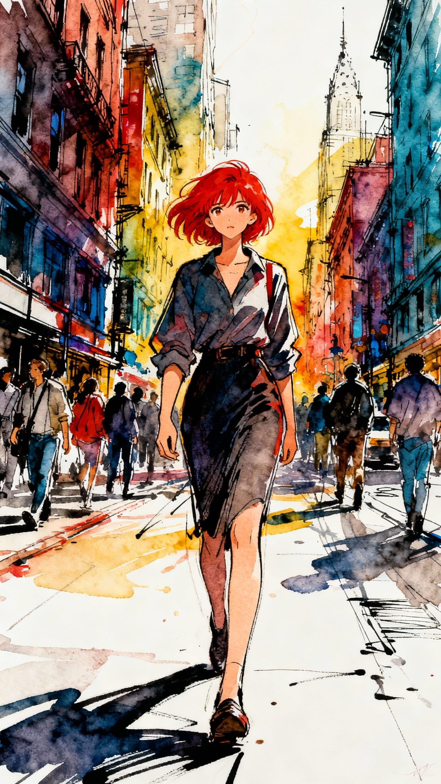 Redhead Woman Urban Portrait Watercolour Sketch