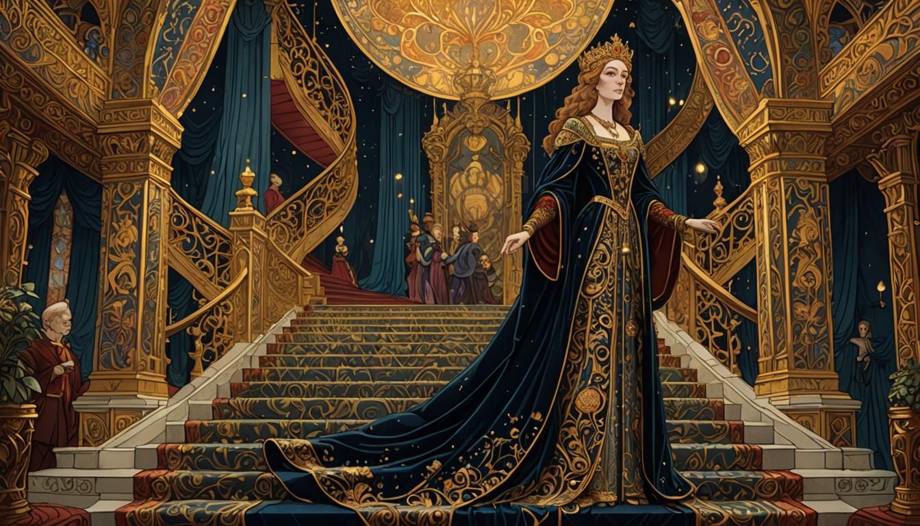 Regal Queen on Grand Staircase in Art Nouveau Style