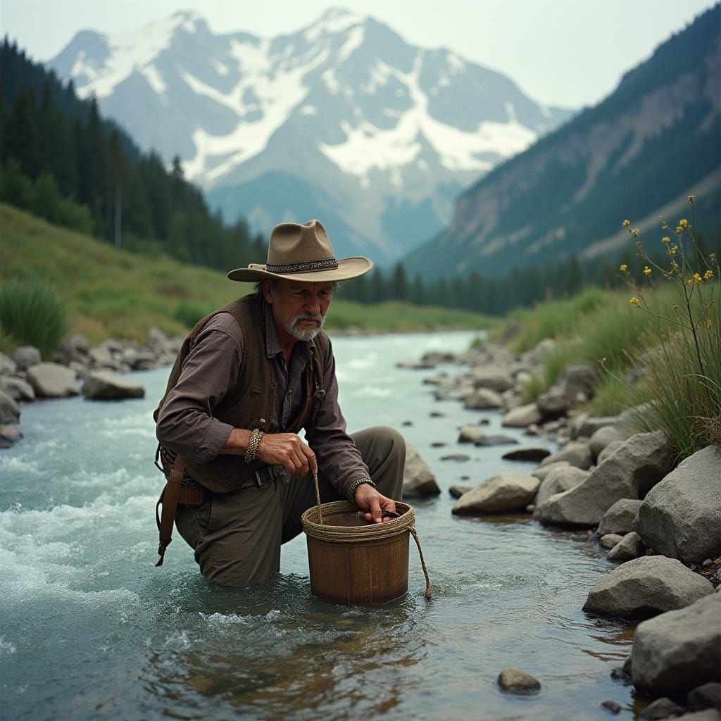 Prospector Panning for Gold in Mountain River