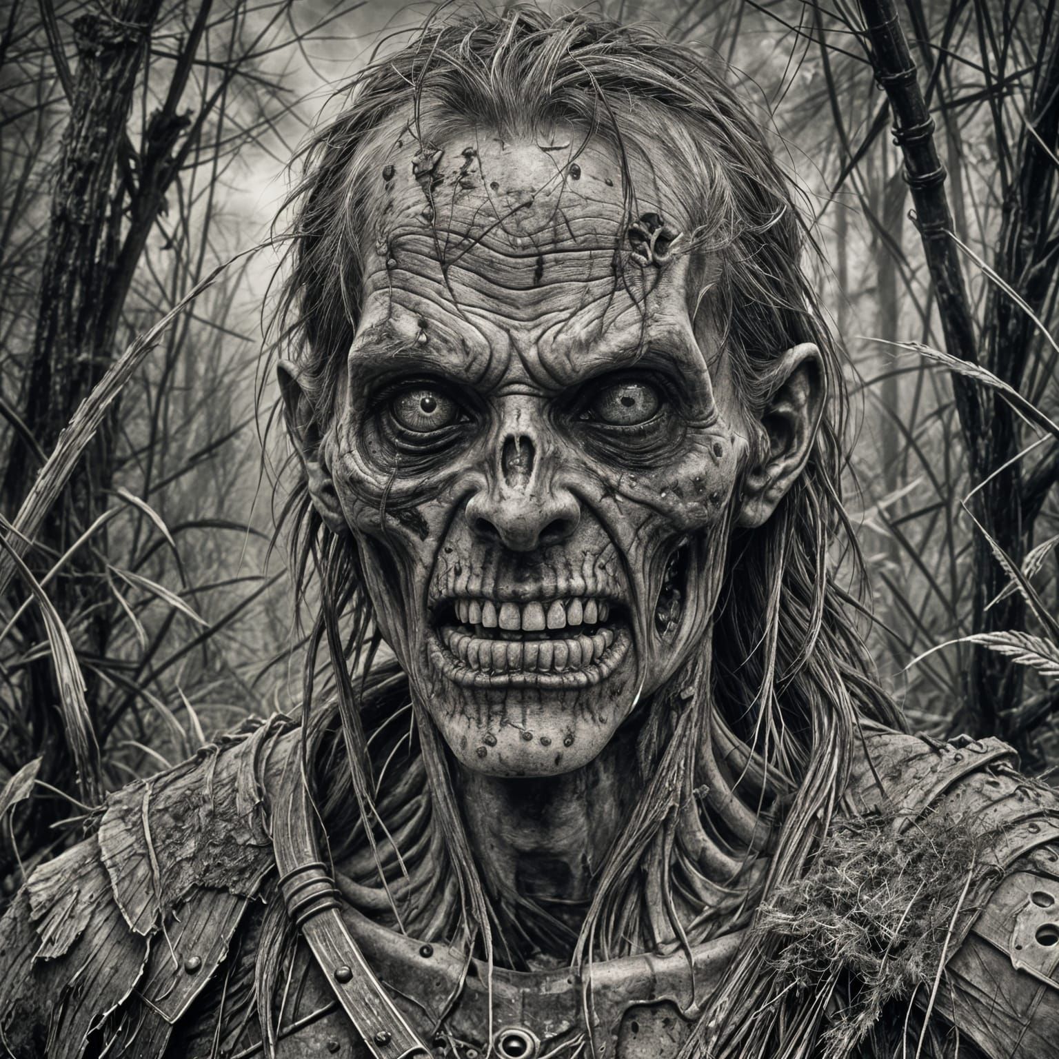 Undead Zombie Warrior Drawing in Grayscale