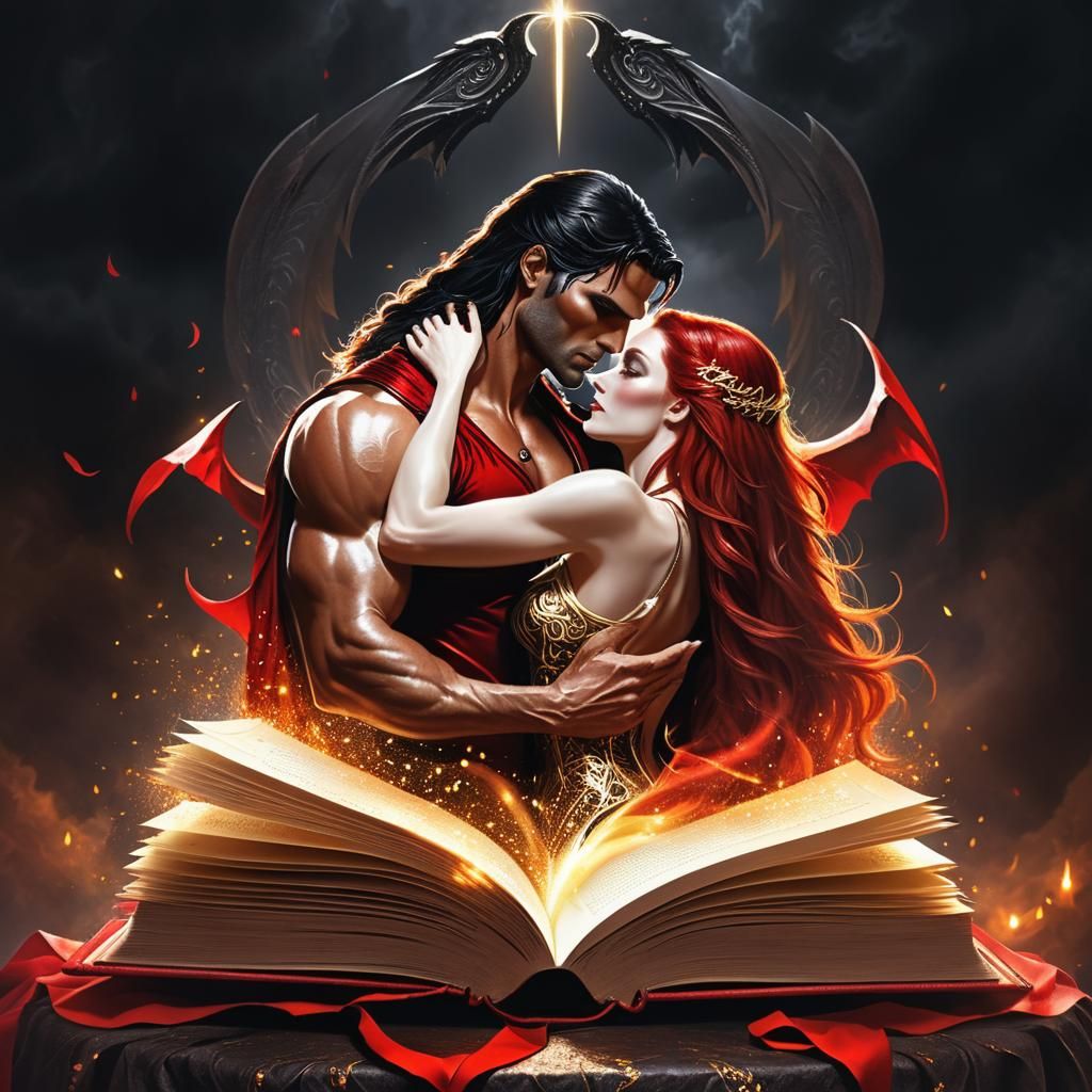 Lucifer and Lilith Emerge from Book in Dark Fantasy