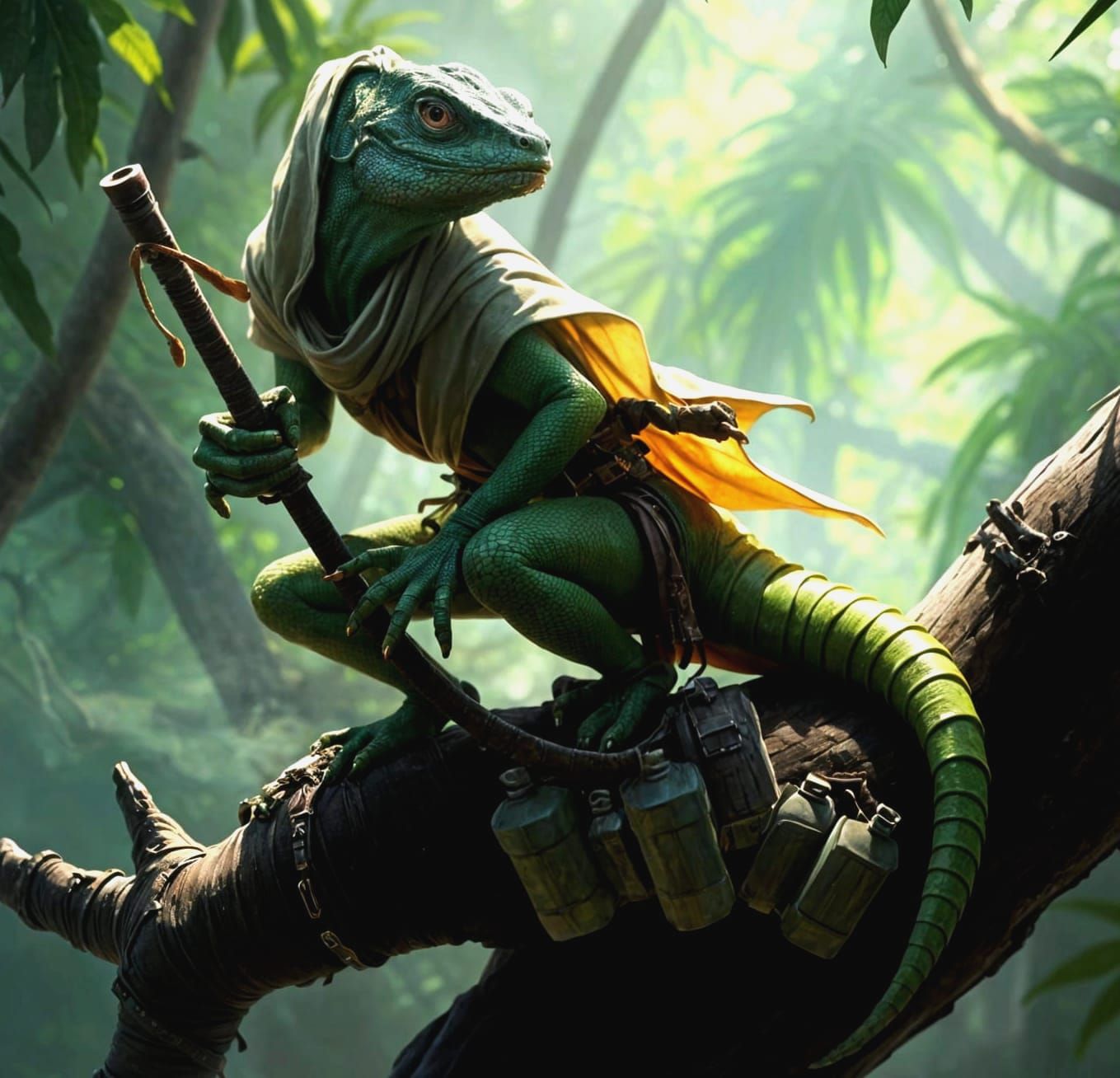 Lizard Ninja Camouflaged in Jungle, Fantasy Digital Painting