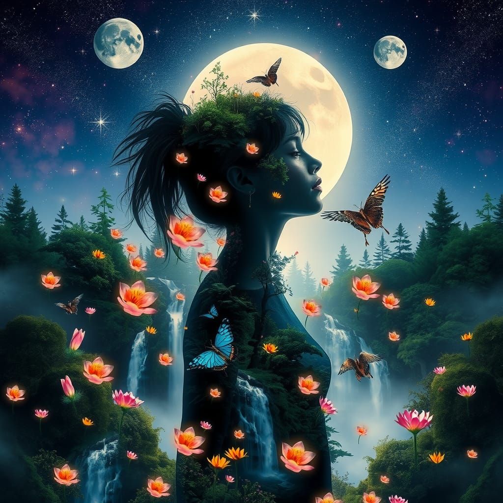 Double Exposure: Woman in Mystical Landscape