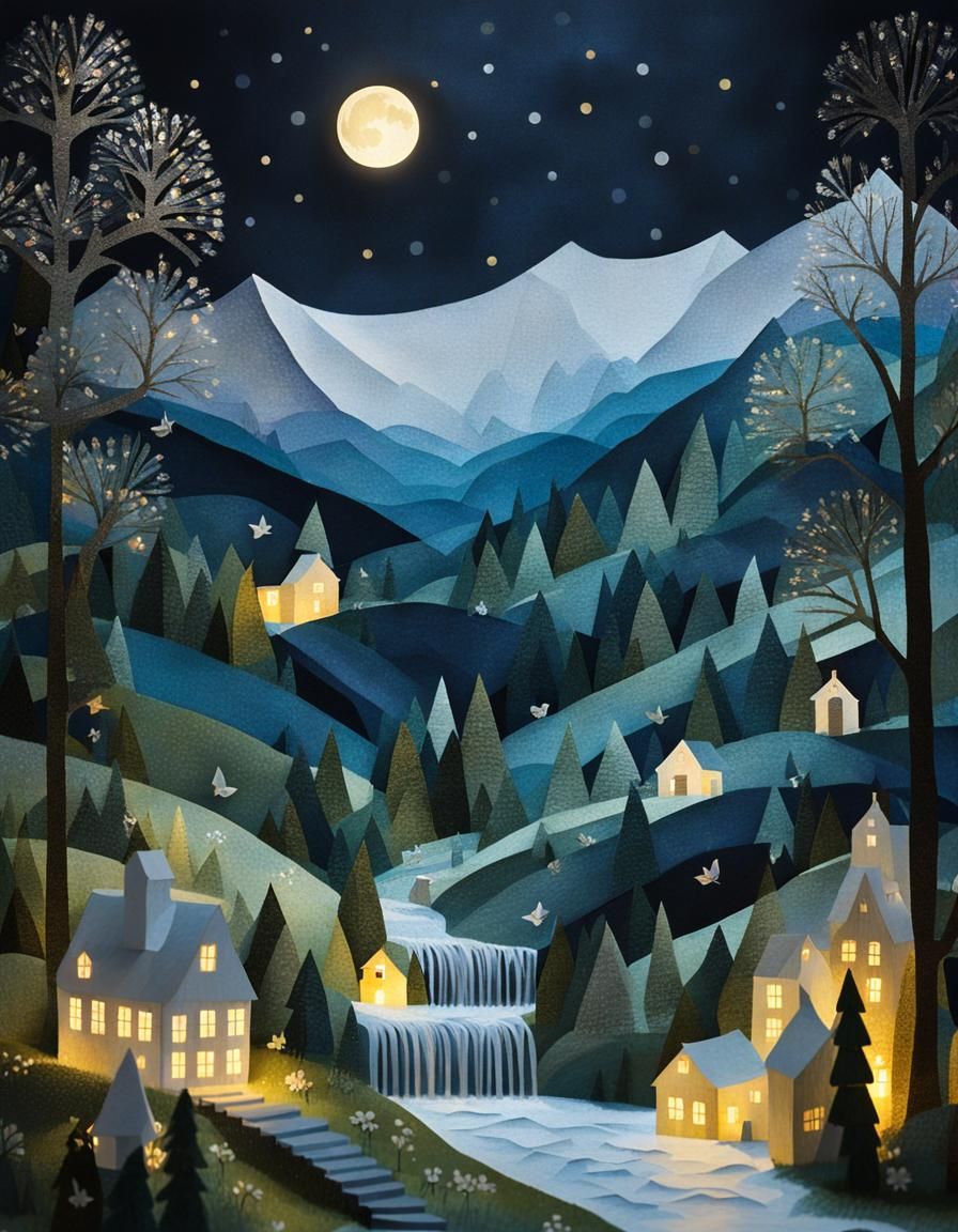 Papercraft Waterfall in Moonlight, 3D Art