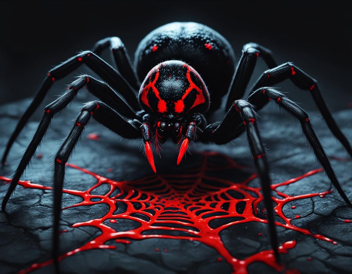 Black Widow Spider Consuming Prey in Black Light Art