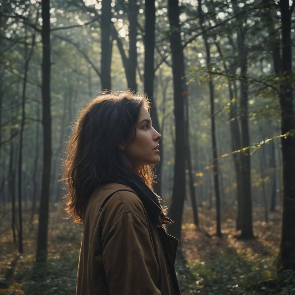 Woman in Forest, Sunlight and Shallow Depth of Field