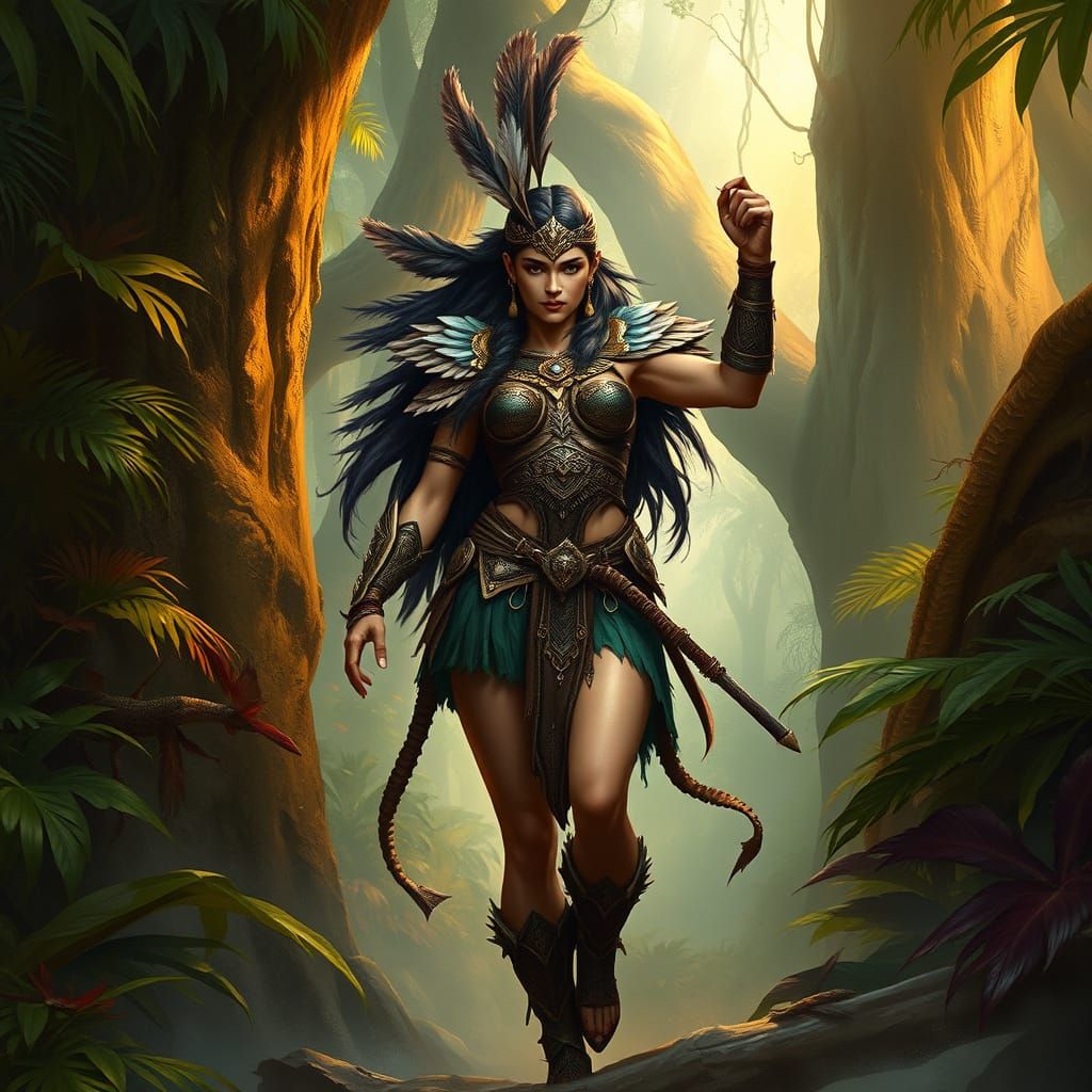 Majestic Amazonian Warrior in Vibrant Jungle Environment