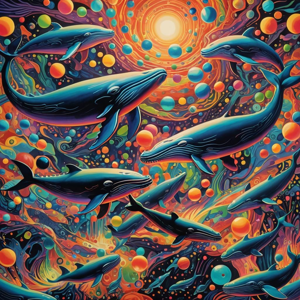 Neon Whales in Surreal Psychedelic Dreamscape
