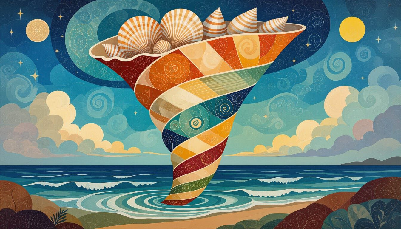 Ancient Seashell Tornado Emerges in Vibrant Gouache Style
