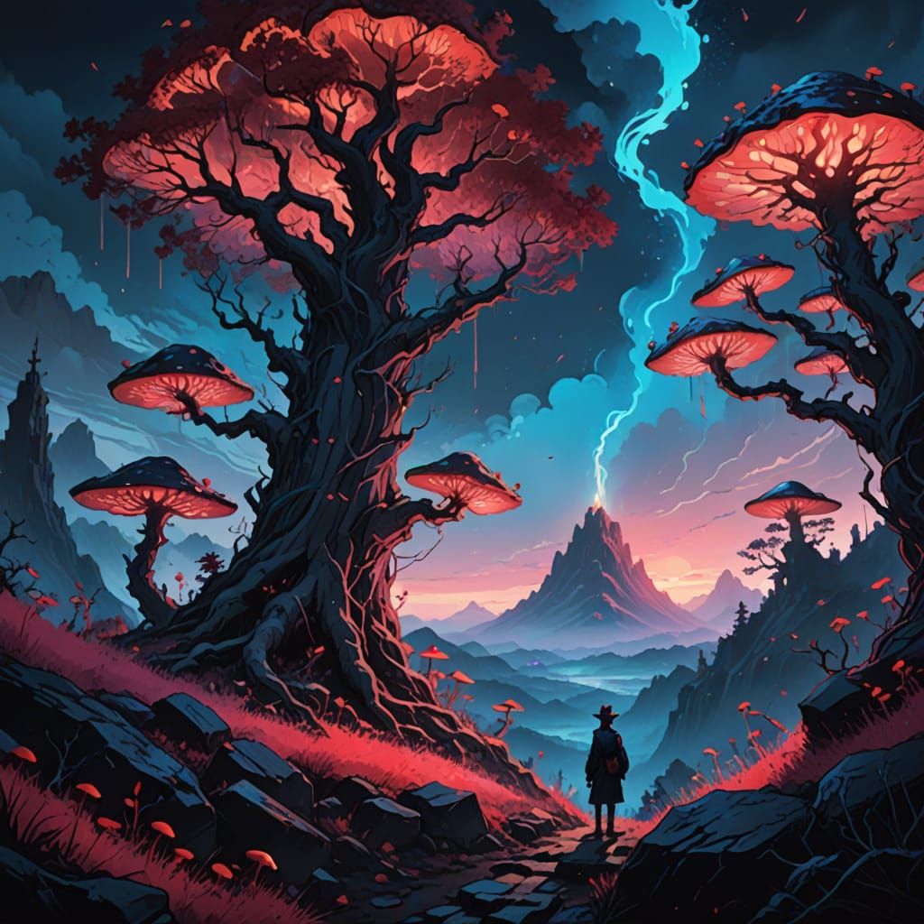 Ethereal Red Moon Landscape in Vibrant Brushstrokes