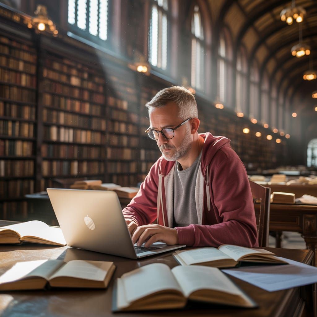 Man Focused on Laptop in Old Library