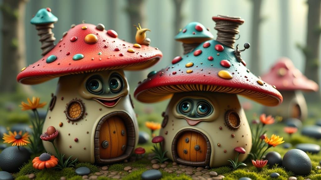 Mushroom houses deep in the enchanted forest.