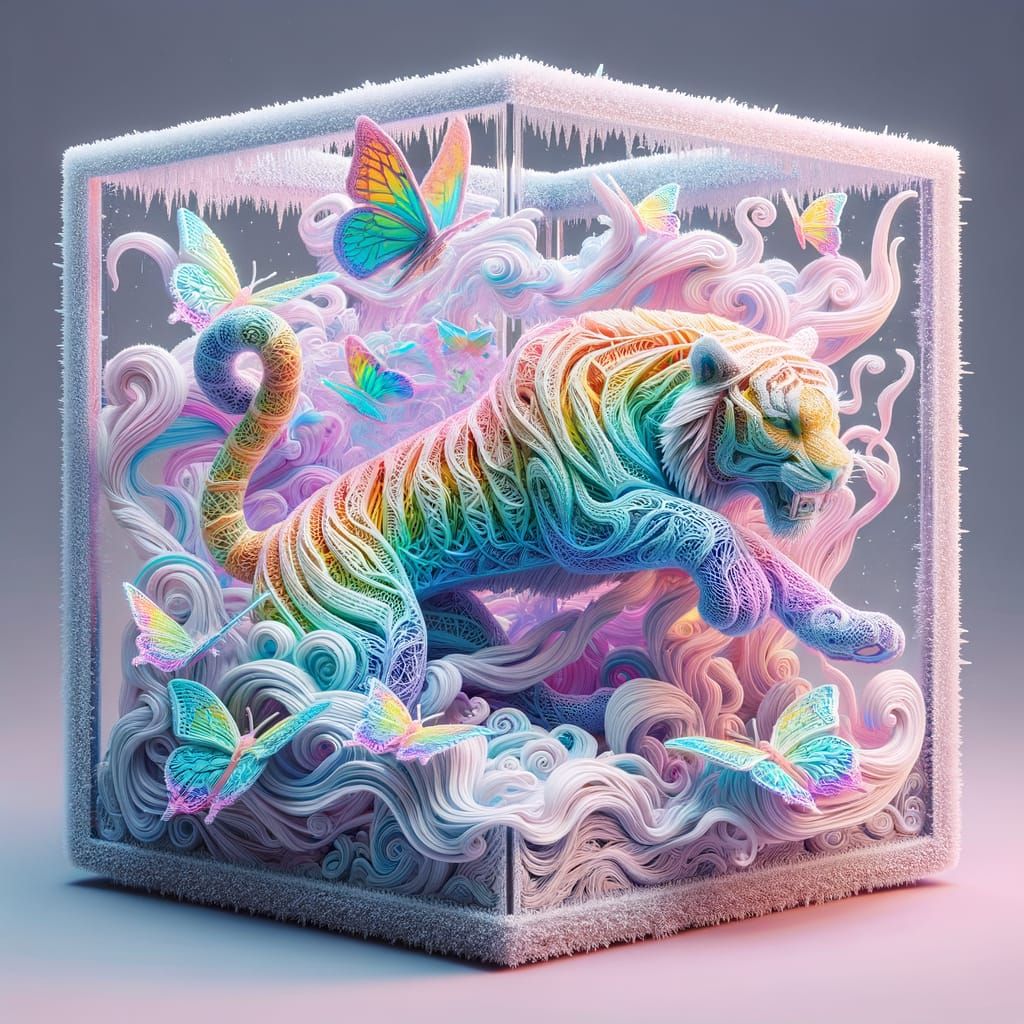 Vibrant Pastel Tiger Interacts with Neon Butterflies in Fros...