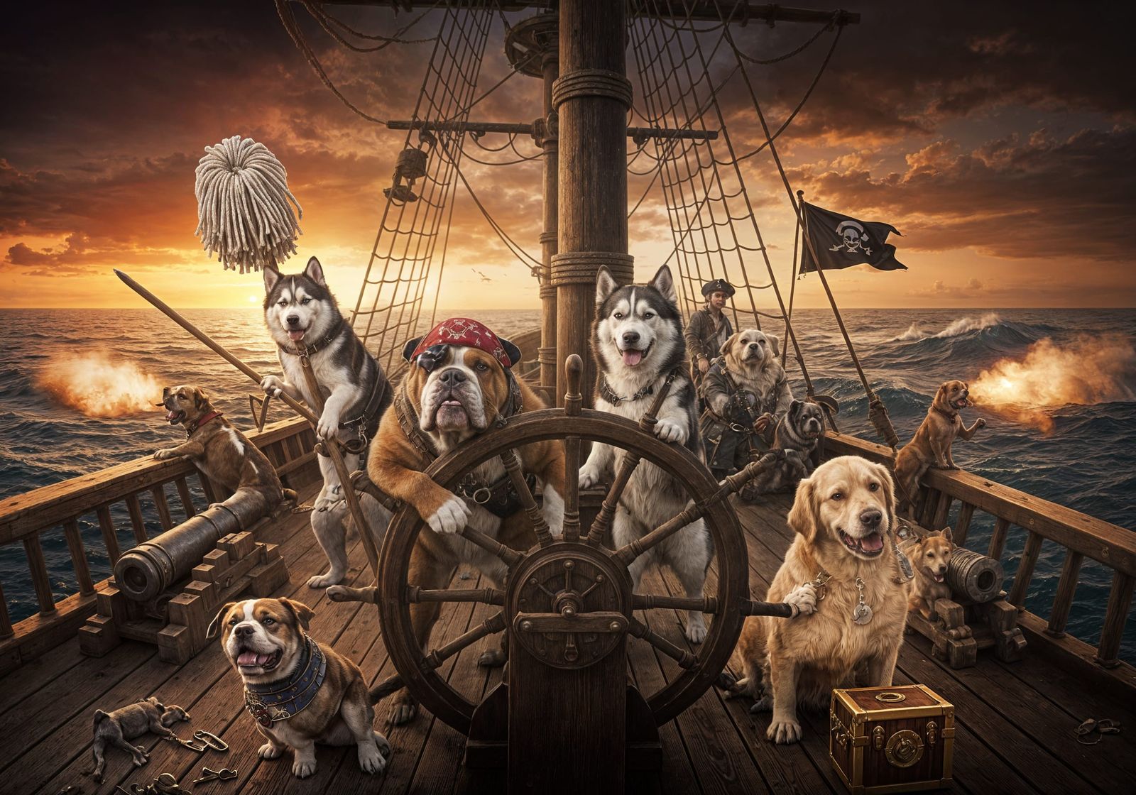Pirate Dogs Mutiny Under Sunset Sky