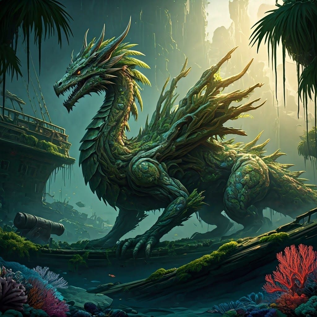 Palm Tree Dragon Guarding Shipwreck as Matte Painting