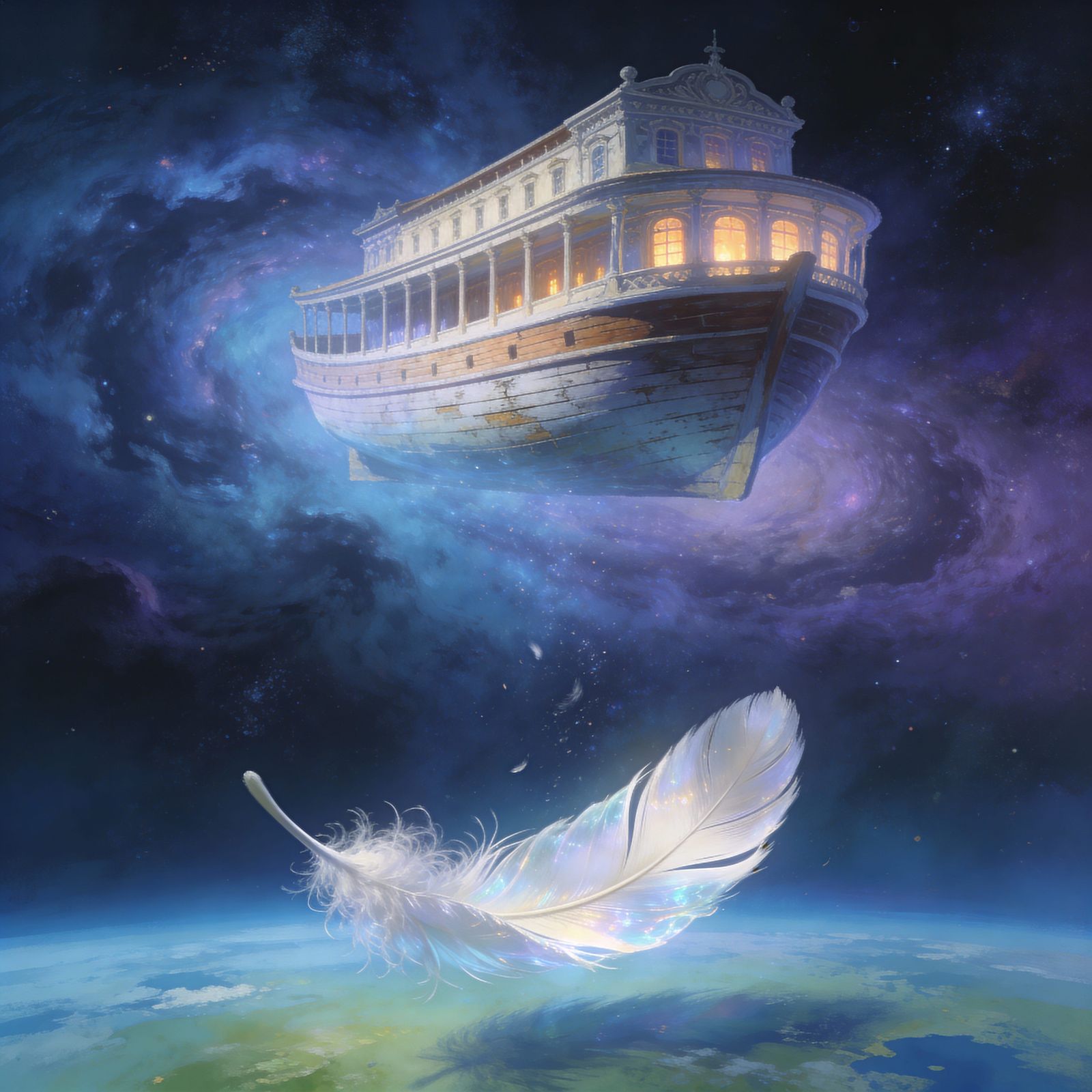 Majestic Ark Floats Above Cosmic Feather Descent