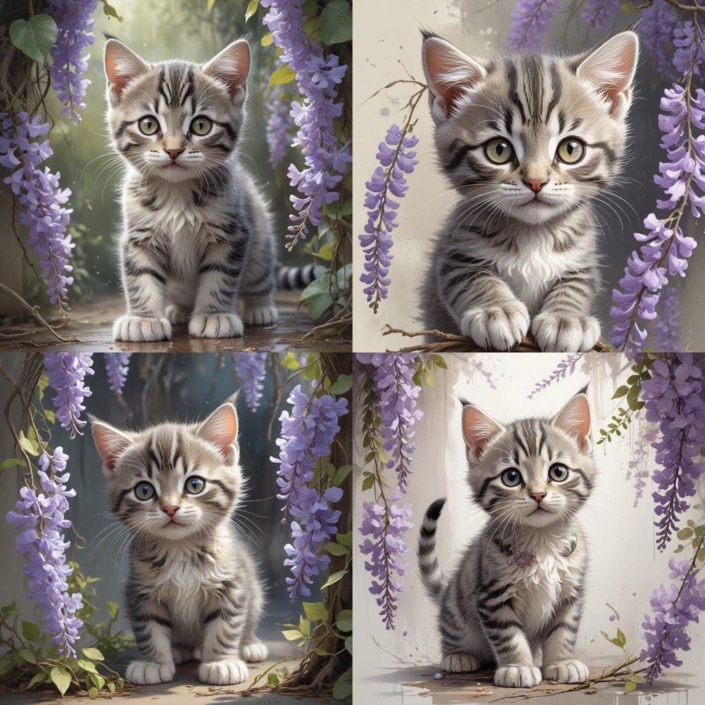 Whimsical Gray Tabby Kitten Chases Wisteria Blooms in Dreamy...