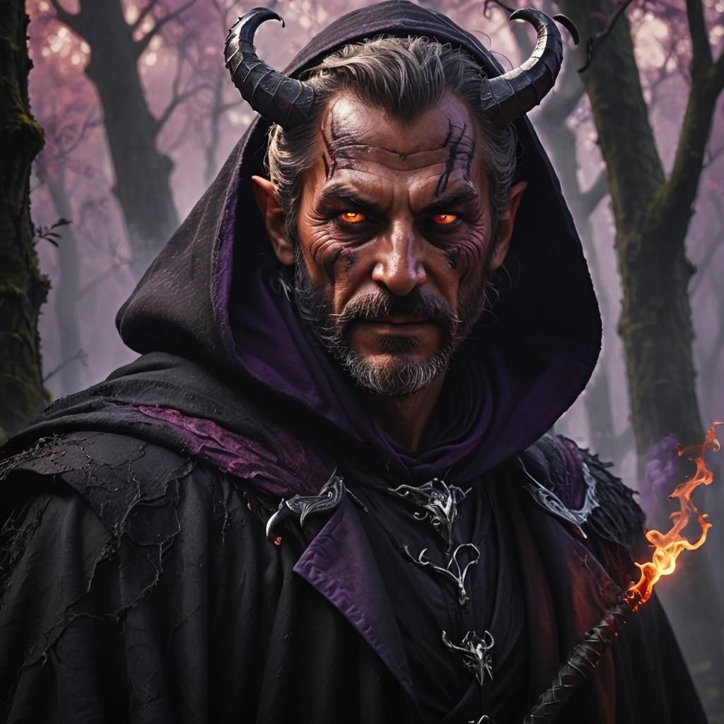 Tiefling Magister in Hooded Cloak: Fantasy Art